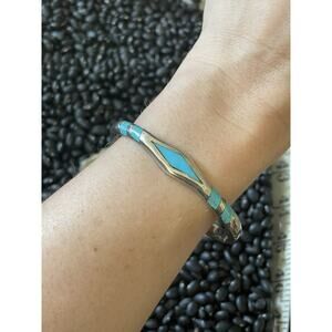 Mexico Signed Sterling Silver Inlaid Turquosie Hinged Bangle Bracelet Heavy🩵